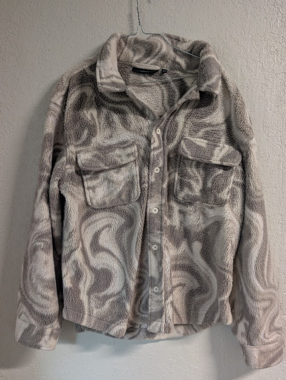 Teddy Bear Button-Up Shacket M 38-40 Marble Gray Cream Pockets Oversized Boxy